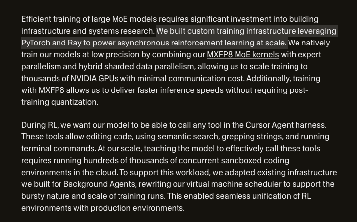 As seen from Cursor's new announcement of their own internal models for their own application layer use cases, RL is a non-negotiable to product performance